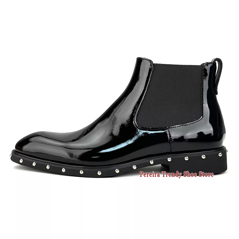 Rivet Thick Soled Men's Ankle Boots British Style Patent Leather Slip-On Chelsea Boots Luxury Party Wedding Business Dress Shoes