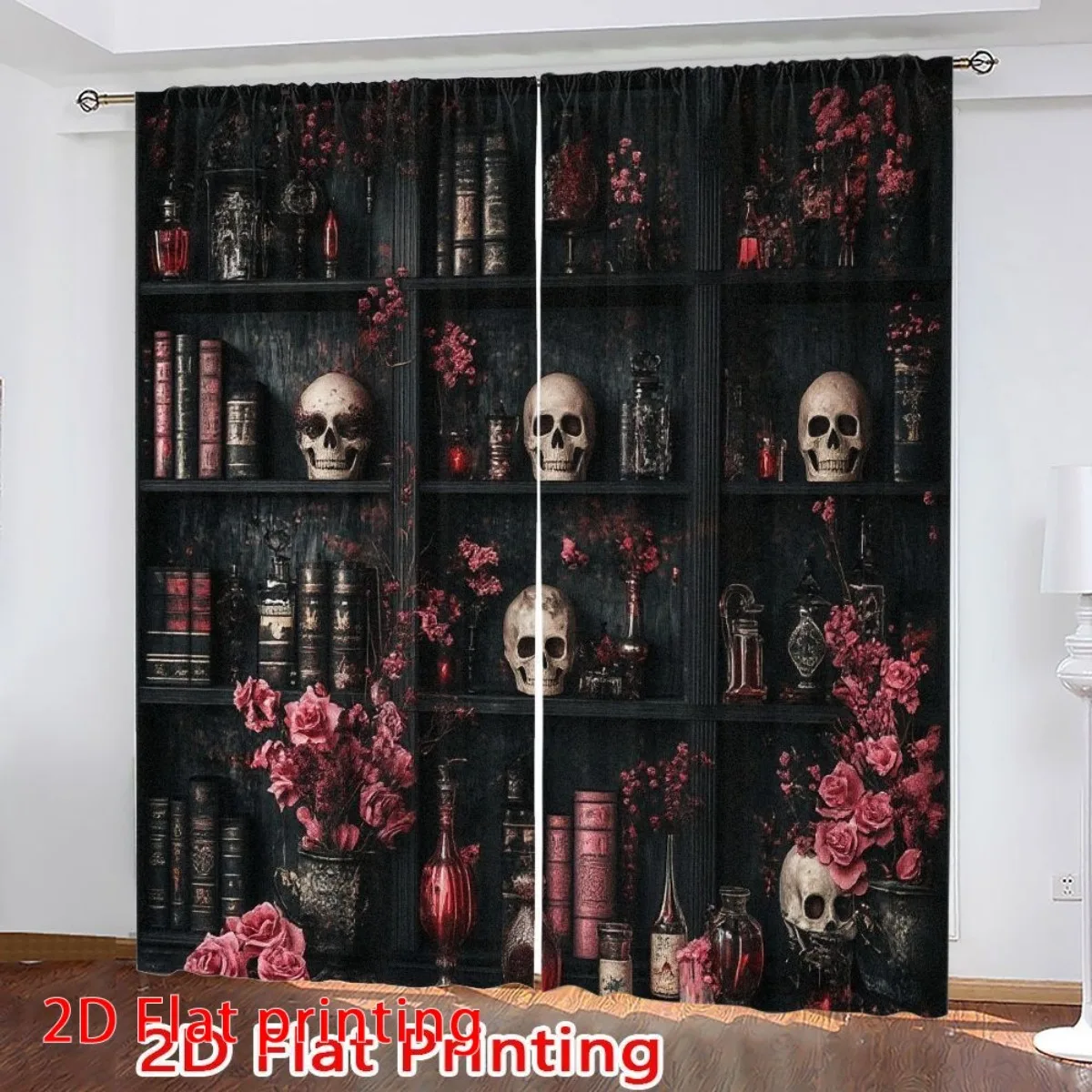 Dark Gothic Skull Old Book Blackout Rod Pocket Curtain Red Floral Magic Jar Decor Spooky Homestay Bedroom Rest Bay Window