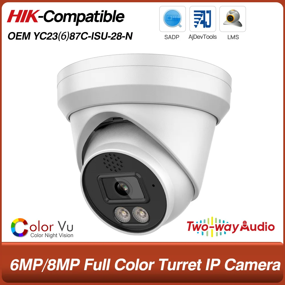 

Hikvision Compatible 6MP/8MP POE Full Color Two-way Audio Turret IP Camera 1/2.8″ Sony CMOS Sensor Vehicle &Human Body Detection