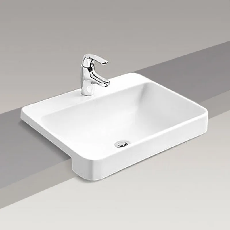 

On-stage Wash basin Semi-hanging semi-embedded washbasin Ceramic rectangular three-hole plate On-stage basin Wash