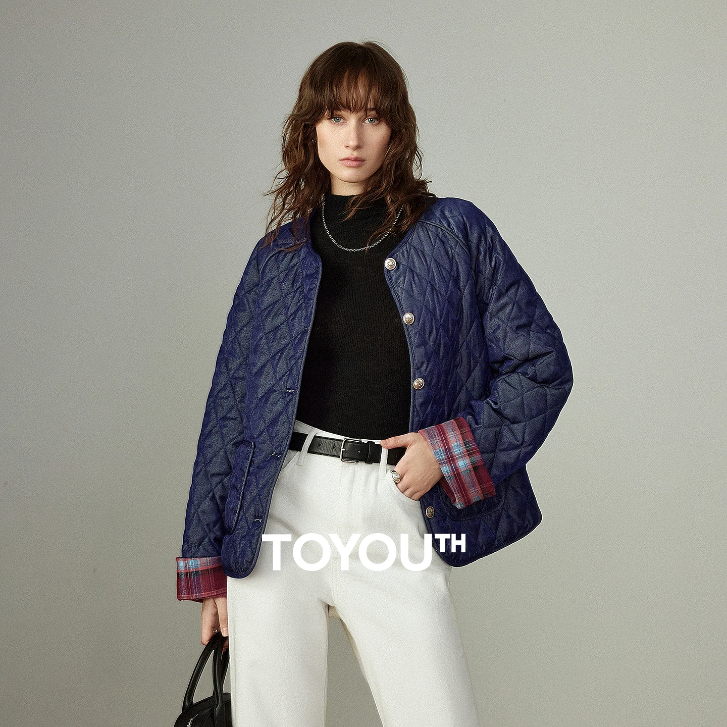TOYOUTH Women Cotton Coats 2025 Winter New Denim-like Warm Crew-neck Retro Argyle Pattern Cuffed Sleeve Cotton Coat Outerwear​