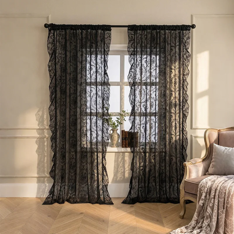 1Pc Halloween Black Lace Gauze Curtain Room Decorating Interior Solid Color Window Curtains Half-Shade French Festival Curtains