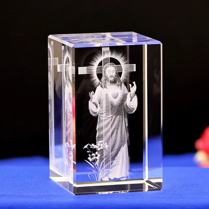 3D K9 Crystal 5x5x8cm Cube Christian Jesus Cross Figurine Home Decor Virgin Laser Engrave Crystal Religious gifts for Kids birth