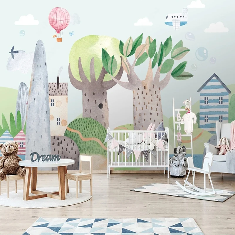 Custom Self-Adhesive Waterproof Wallpaper 3D Cartoon Watercolor Tree Mural Children's Room Background Wall Painting