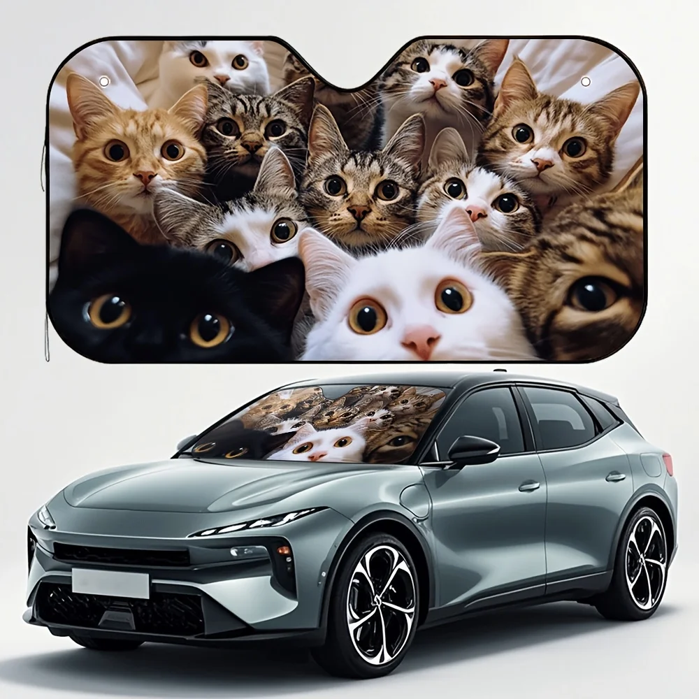

1pc Cat Group Photo Print Car Sunshade - Stylish & Efficient, 4 Suction Cups For Easy Mounting, Foldable & Space-Saving, Fits Ca