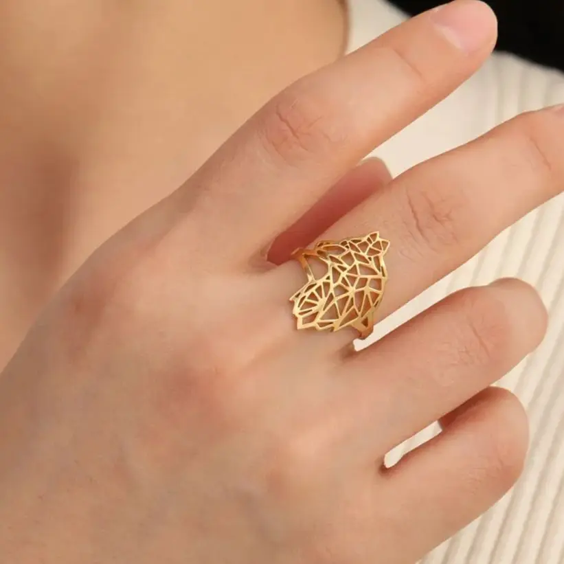 Hollow Cute Wolf Stainless Steel For Women Men Open Wide Vintage Geometric Animal Finger Ring Jewelry Gift Wholesale