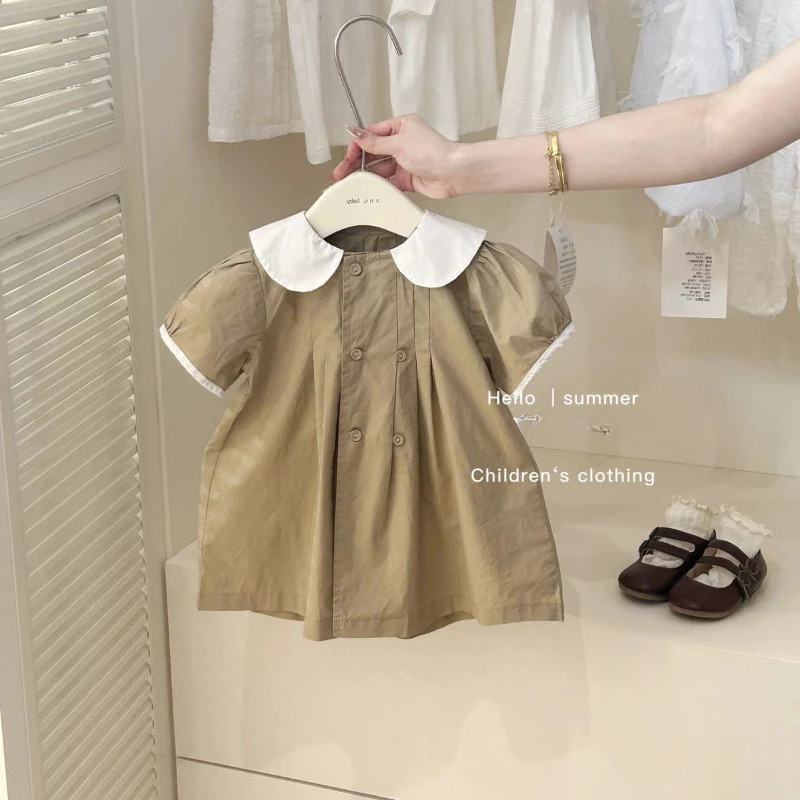 Baby Girl Dress Korean Fashion Female Treasure British Double Breasted Cute Doll Collar Solid Color Thin Princess Dresses