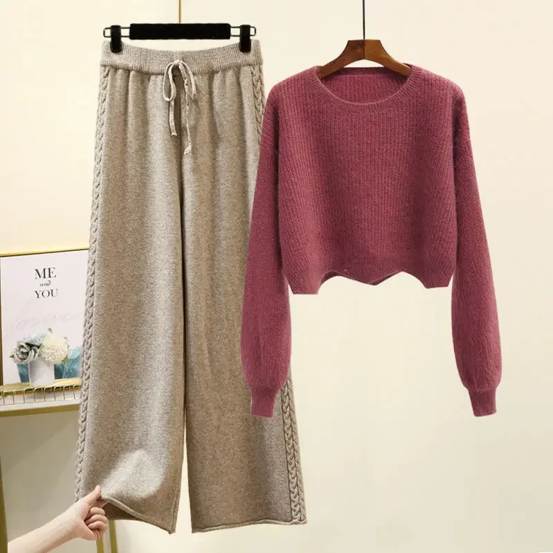 Set of Two Fashion Pieces for Women Long Sleeve Printing Pullover All-match Knitted High Waist Wide-leg Pants Women Knitted Suit