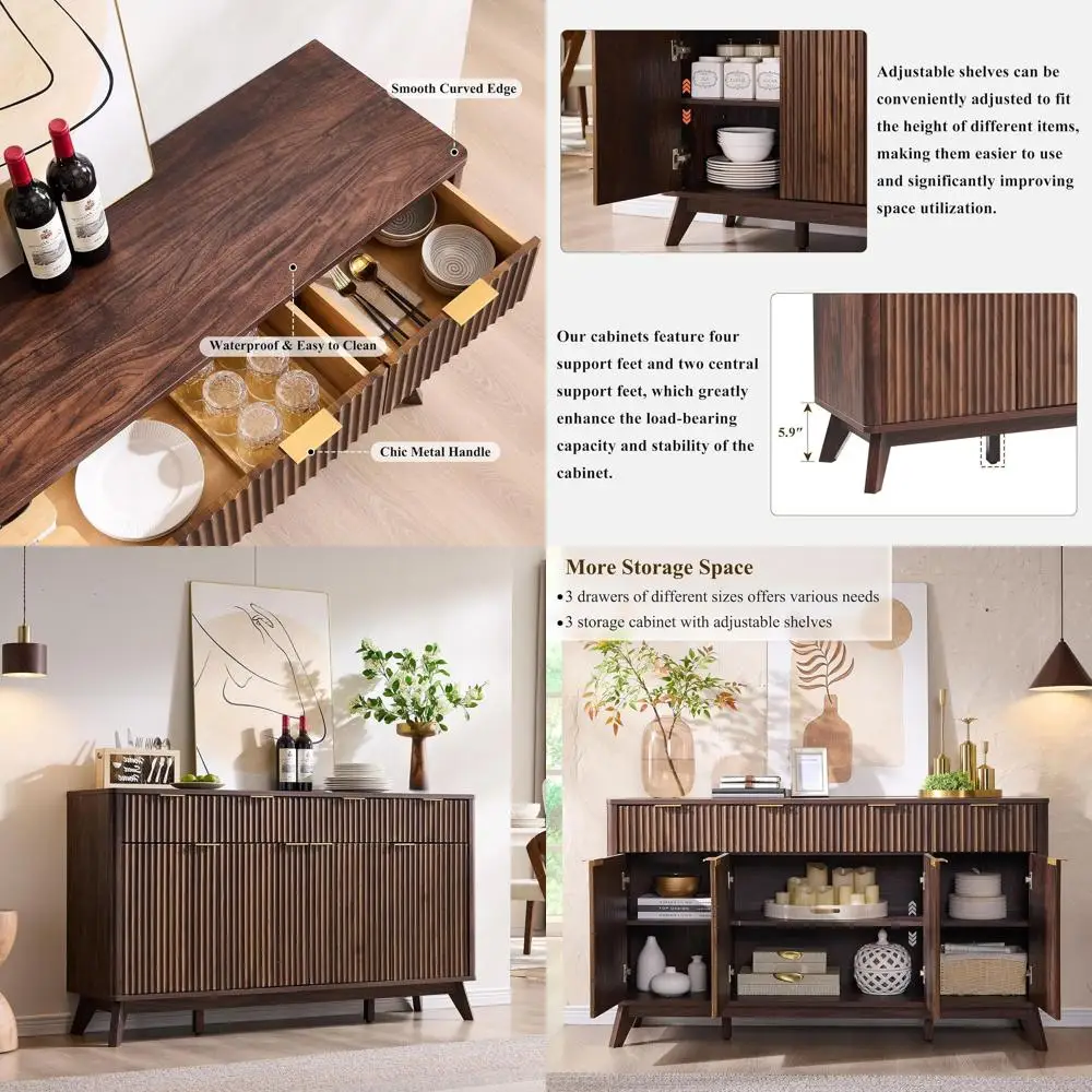 

Буфет-комод из орехового дерева, 60 дюймов, с 3 ящиками и 4 дверцами, для столовой, гостиной, прихожей