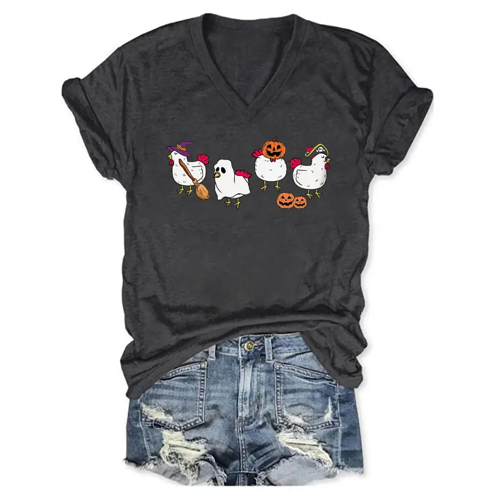 

Rheaclots Halloween Chicken Printed V-neck Short Sleeve T-Shirt