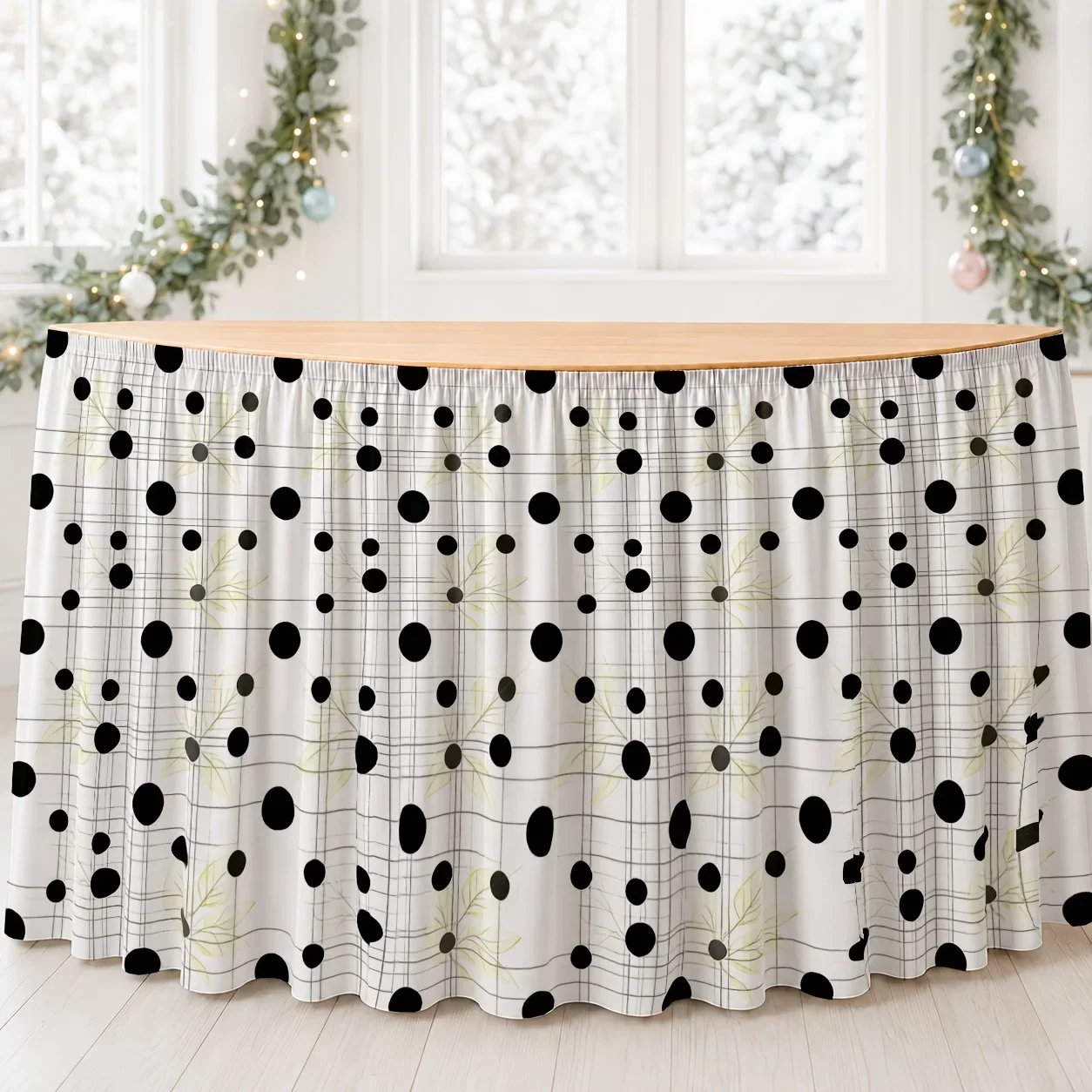 Modern geometric point pattern tablecloths and table skirts, suitable for contemporary indoor gatherings.