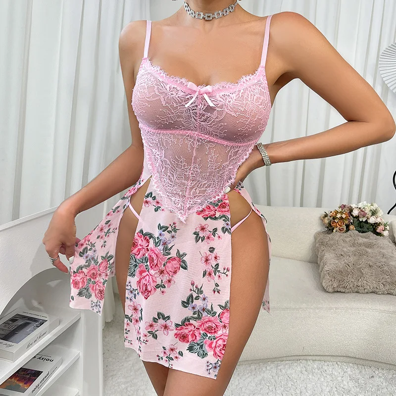 

Passionate seductive sexy lingerie pure suit sexy perspective lace mesh low-cut suspender slit skirt for women