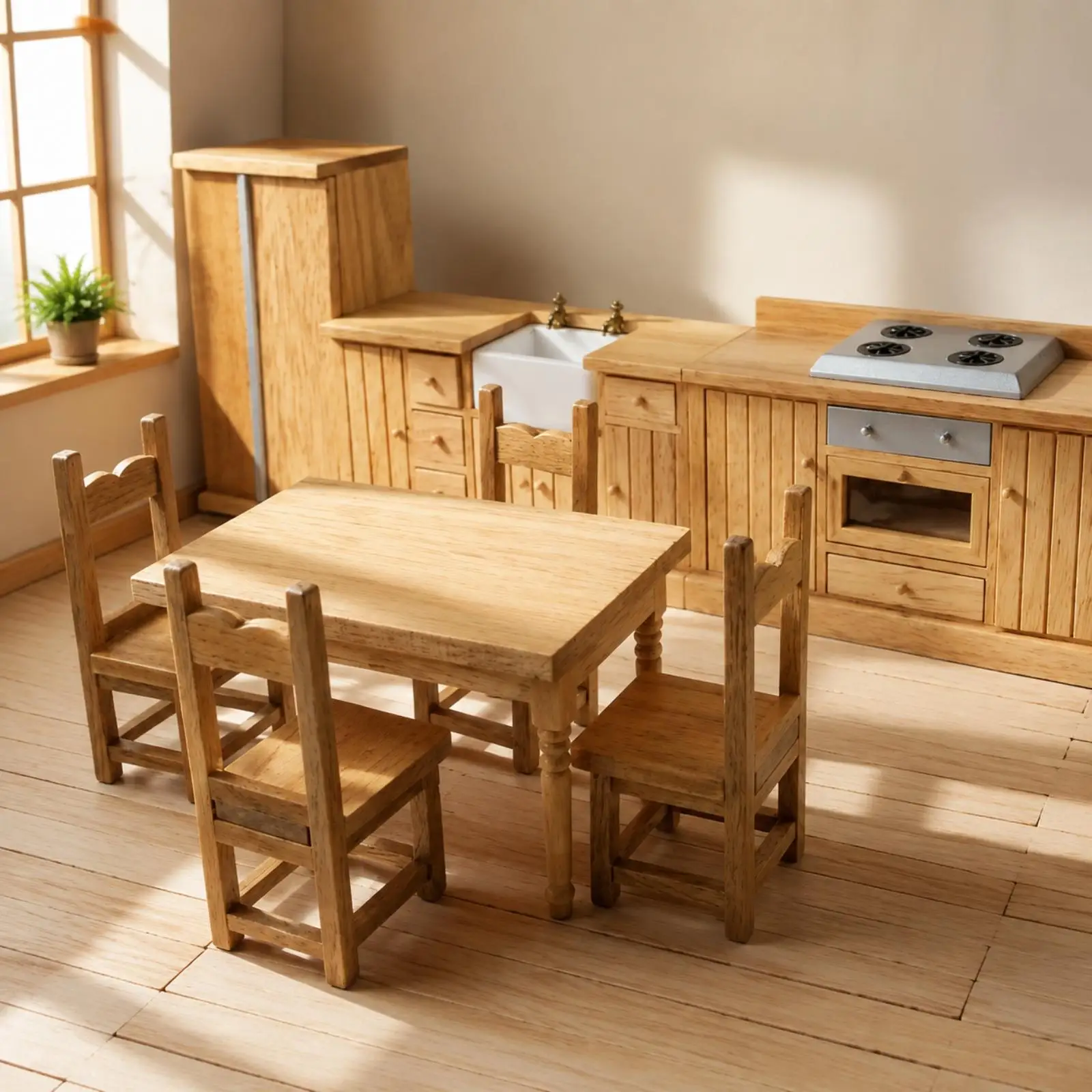 Dollhouse Kitchen Miniature Furniture Set Wooden Sink Stovetop Fridge Table Chair 1 12 Scale Playset for Creative Storytelling