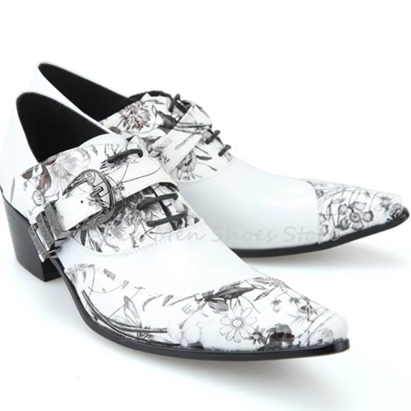 Vintage White Pointed Toe Floral Print Brogues Lace Up Handmade Dress Shoes Men's Buckle Strap Casual Business Oxford Shoes