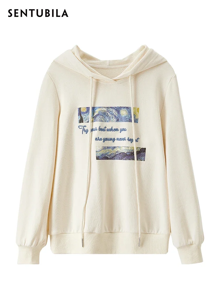SENTUBILA Graphic Hoodies For Women Pullover Print Embroidery Hooded Sweatshirts 2025 Spring Fashion Long Sleeve Tops 123A43517