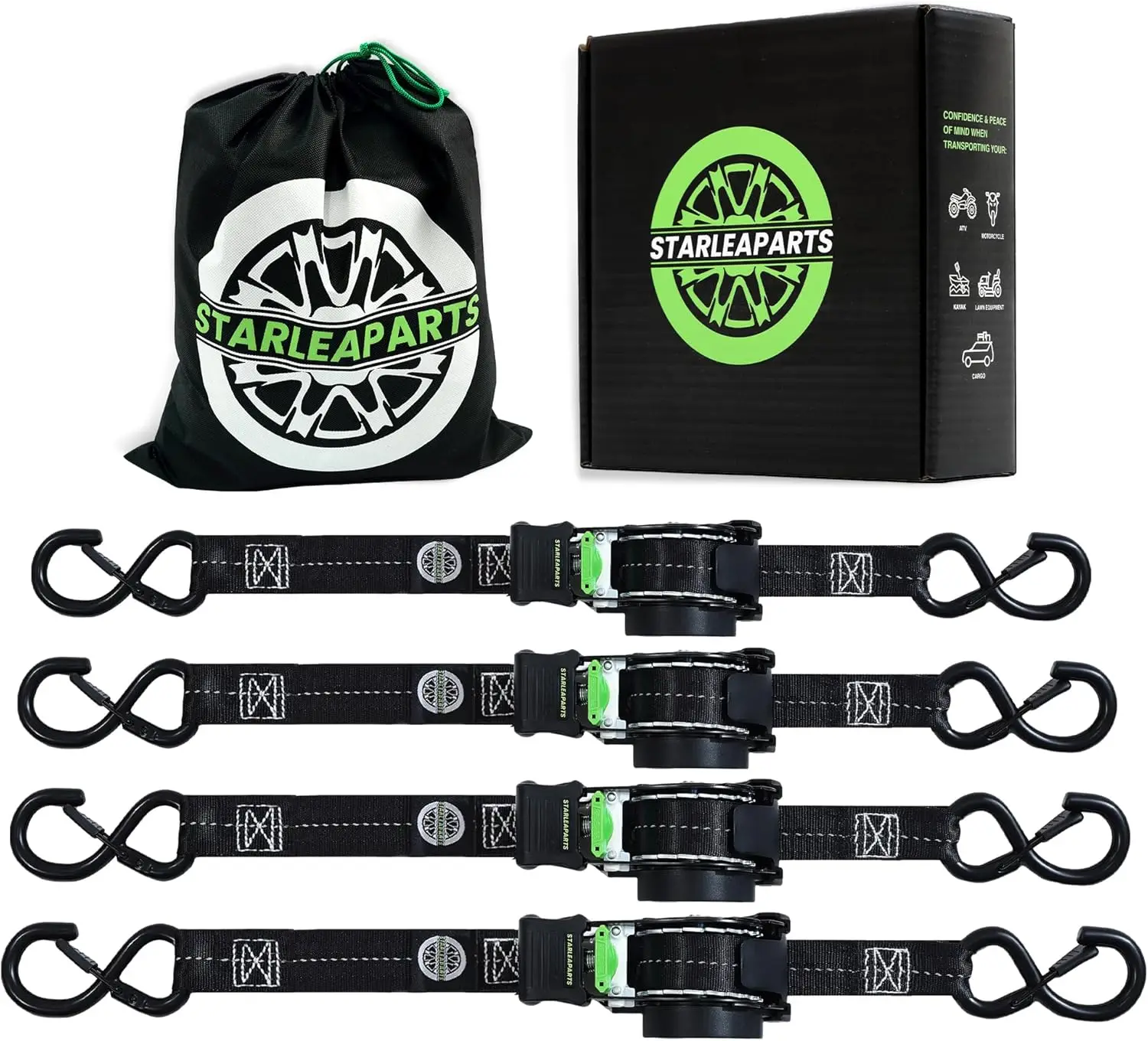 

Усиленные выдвижные стяжные ремни с храповым механизмом (4 шт.) - прочность на разрыв 1500 фунтов, автоматические крепления для мотоциклов, каяков, грузовиков