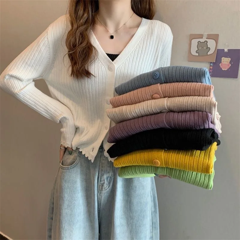 

Autumn V-neck Pit Strip Knitted Cardigan Women's Short Long-sleeved Slim-fitting Outer Wear Bottoming Shirt Top Women's Clothing