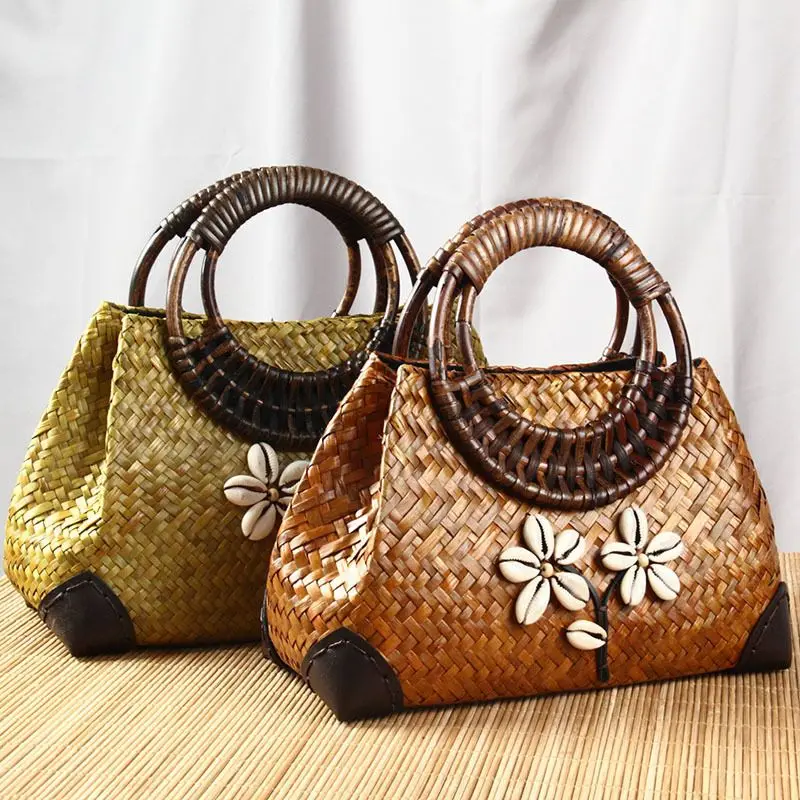 

Straw Crescent Bag Women's Handbags Summer Pack Travel Closure Velcro Dai Retro Thai Handbag All-match Top-Handle Bags