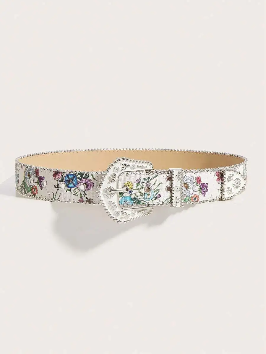 1pc Vintage Western Floral Embossed Women Leather Belt, Suitable For Jeans, Casual Wear, Skirts, Daily Commute Summer, School