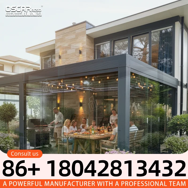 Louvered Roof Sun Shade Waterproof Aluminium Outdoor Structure with Sliding Glass Door for Gardens Patios Backyards pergola