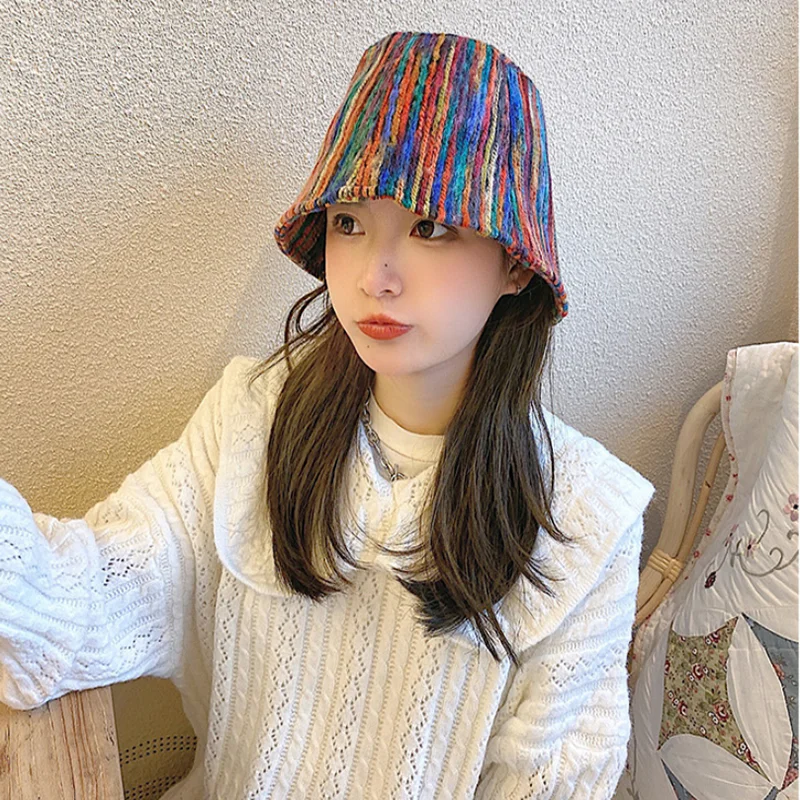 

New Rainbow Colors Women Bucket Hats Winter Spring Lady Street Style Harajuku Print Outdoor Sunscreen Travel Vacation Cap Hats