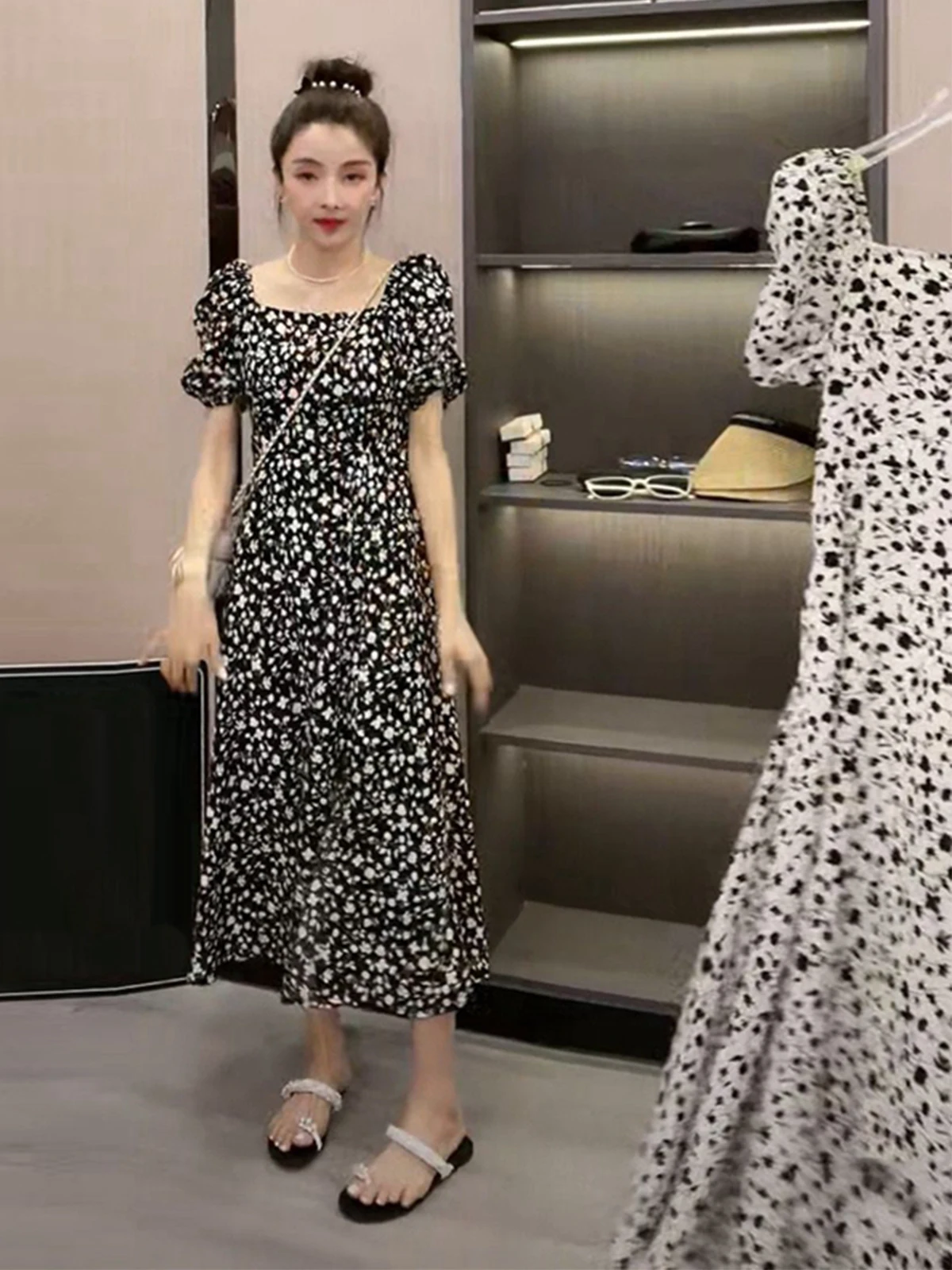 Colletto quadrato con stampa floreale ort Sve Long Dr Dimagrante Pancia che copre Vita alta A-Line Estate Nuovo arrivo Donna Dr