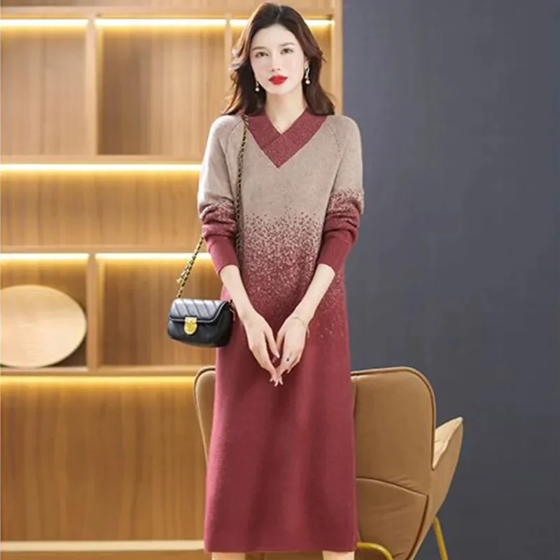 Fall/winter Bottoming Knit Dress Women's 2024 New Female Long Over-the-knee Long-sleeved Loose Slim Sweater Skirt