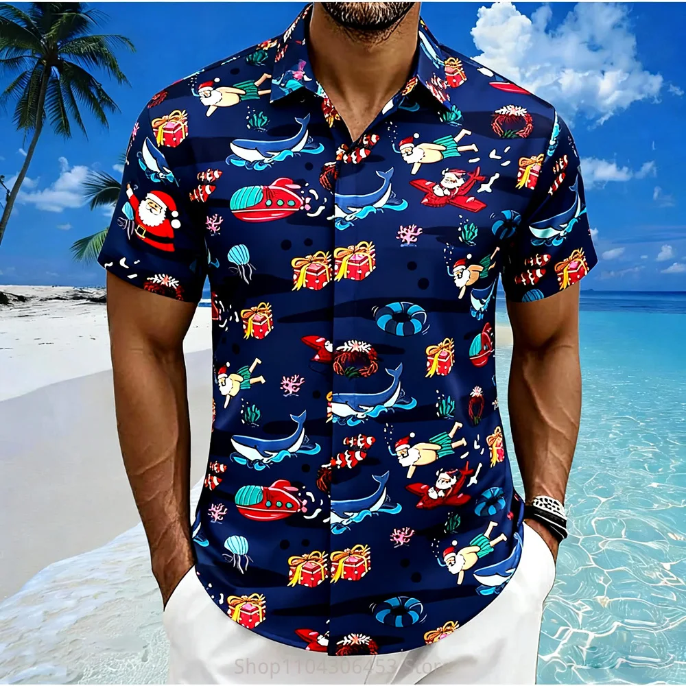 Men's Christmas New Year Festive Festive Atmosphere Shirt Beach Vacation Casual Party Travel Outdoor Short-sleeved Lapel Top