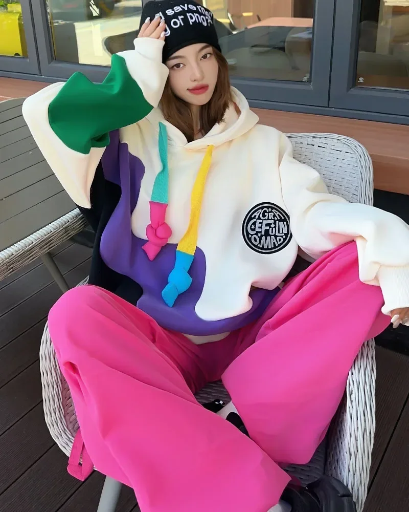 2023 Winter Irregular Wave Color Contrast Patchwork Fleece-lined Thickened Hooded Sweatshirts Loose Casual Hoodies Women