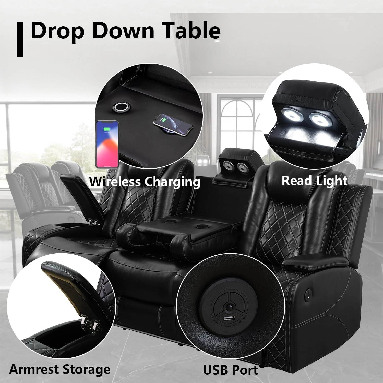 Leather Power Recliner Sofa Set with LED Lighting 3