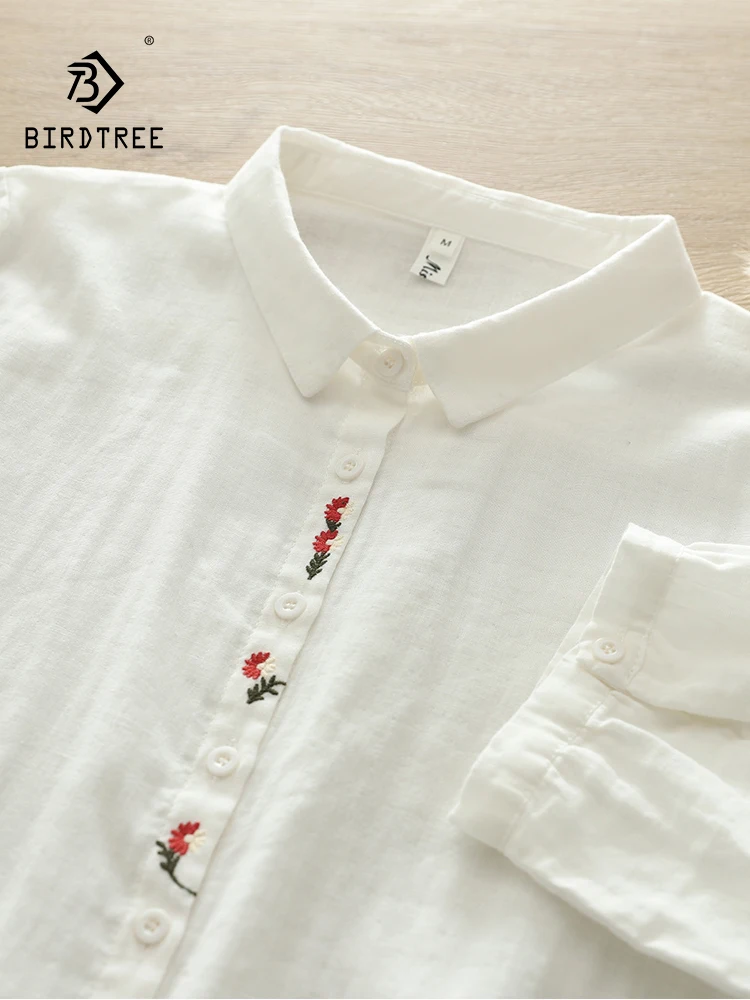

New 2025 Summer Cotton Yarn 3/4 Sleeve Shirt, Women Turn-down Collar Embroidery, Mori Girl Soft Simplicity Loose Blouse T53937CC