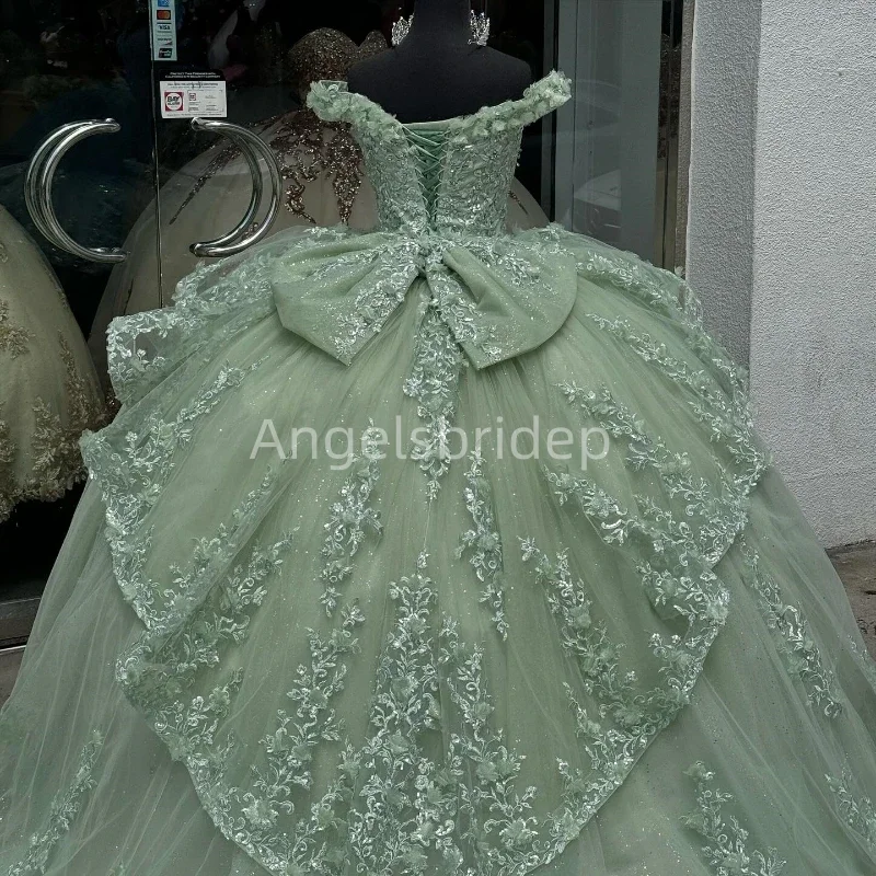 Vestido De baile escalonado con lazo verde menta brillante, Quinceañera con apliques, fiesta De cumpleaños De México, 15, 2025