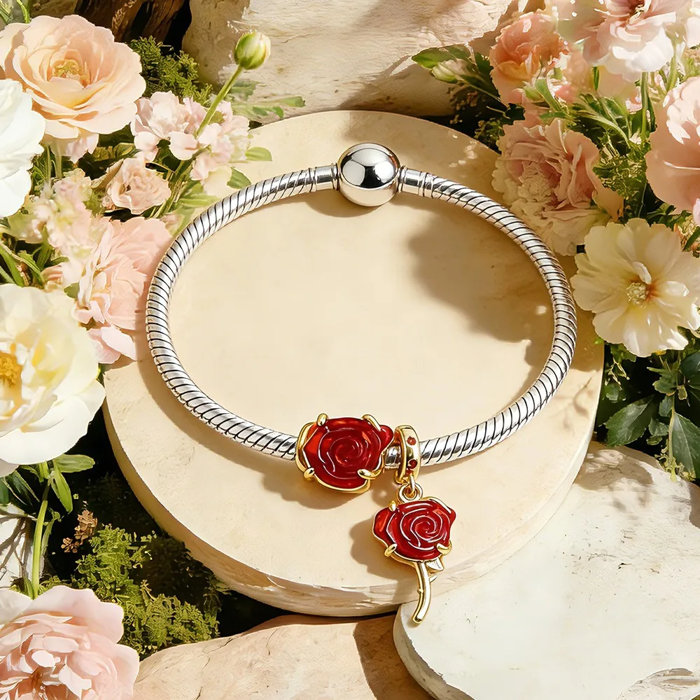 DIY Sweet Dainty Unique Pink Roses Daisies Cherry Blossoms Charm Flower Bead Fit Original Snake Bone Bracelet Luxury JewelryGift