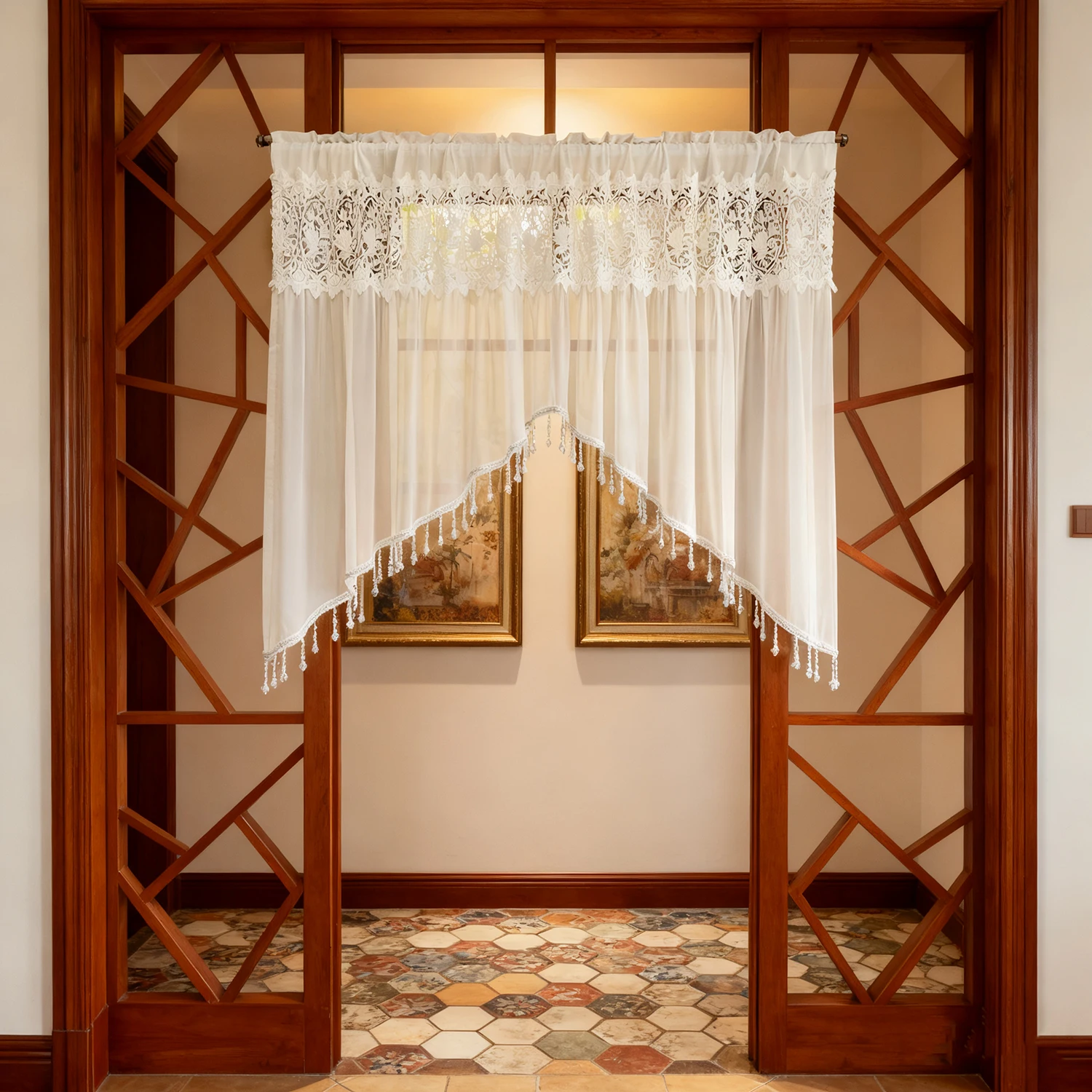 

White Lace Hollow Floral Embroidered Curtain with Beaded, Extra Large Triangular Curtain for Window Panel, Doorway Drapes