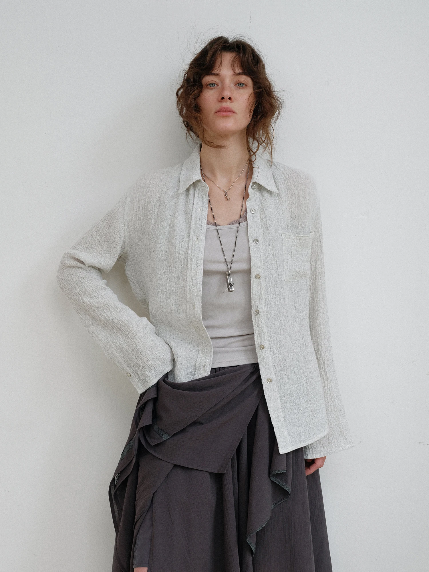 

Женская винтажная льняная миди-рубашка Wangwangwork с фактурной отделкой, приталенная, дышащая, с длинным рукавом