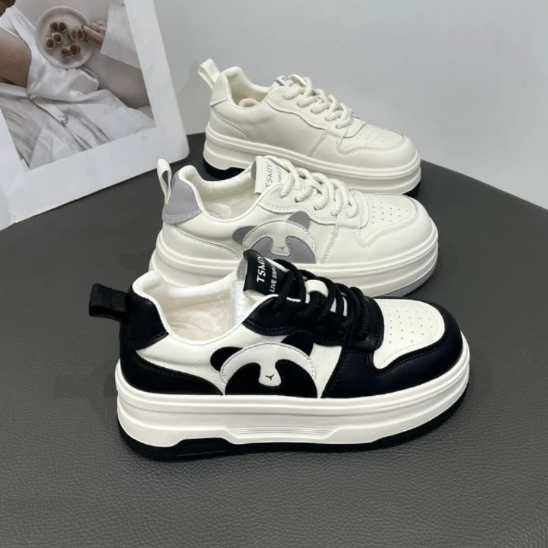 White chunky sneaker women 2024 spring sport shoes platform trainers woman fashion casual pu leather shoes cute panda sneaker