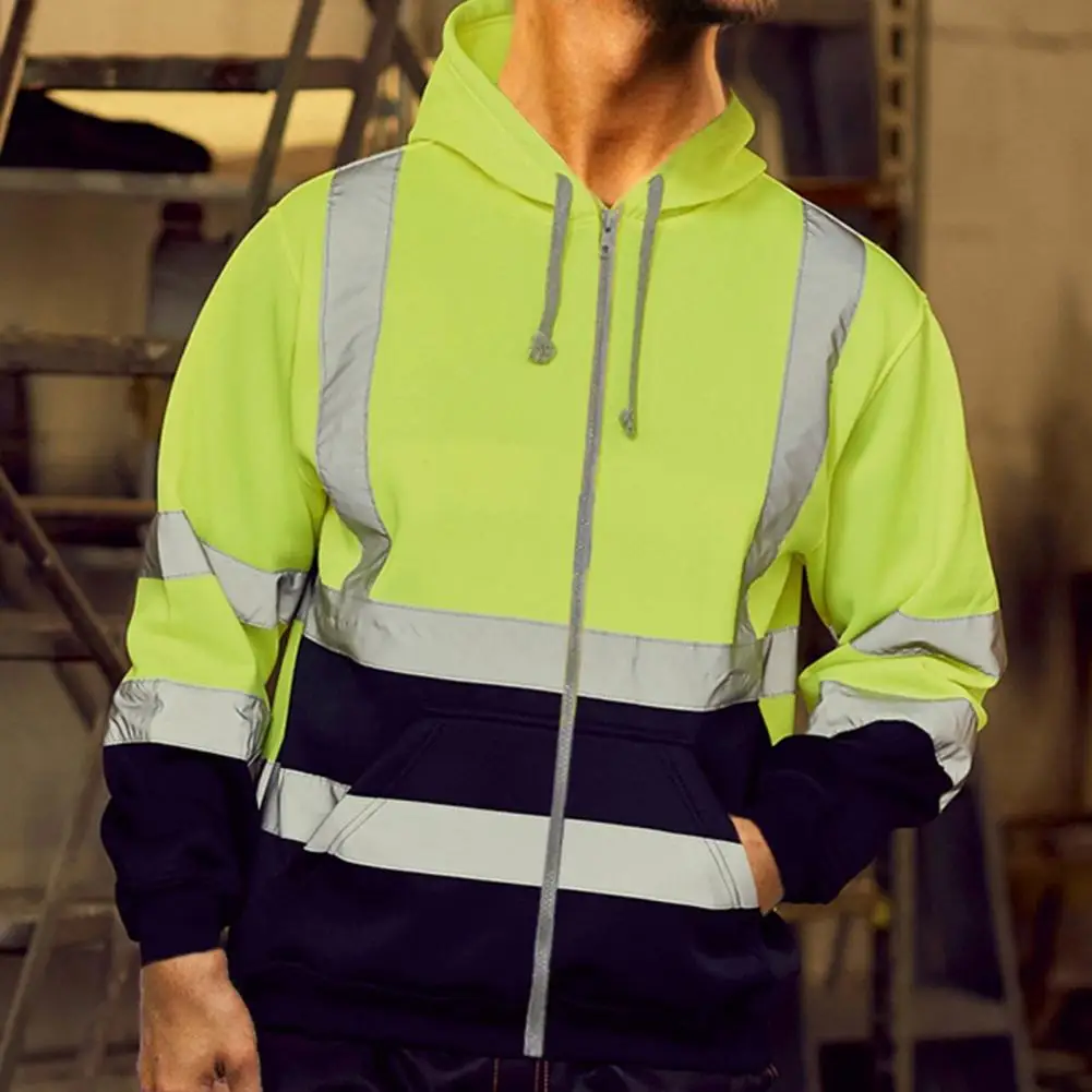 High Visibility Reflective Strip Jacket Men Work Hoodie Breathable Safety Workwear Sweatshirt Safe Warning Reflective Jacket