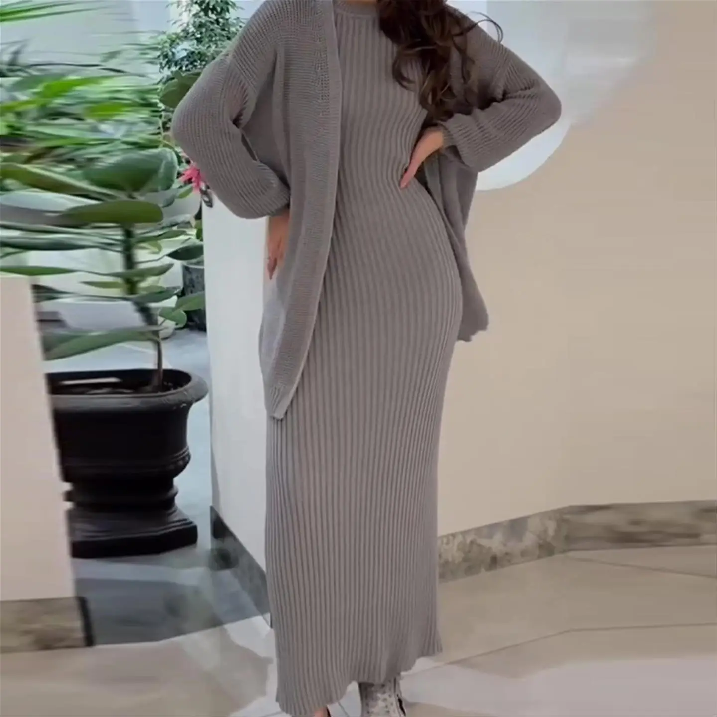 Lazy Style Knitted Cardigan Sweater Set round Neck Casual Autumn Winter New Arrival Women's High Waist PVC Composite Fabric P...