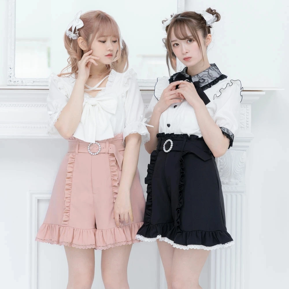 Japanese rojita Pleated Shorts Ruffled Heart-Shaped Belt High Waist Short Pants 2023 Spring Summer New Sweet Lolita Hot Pants