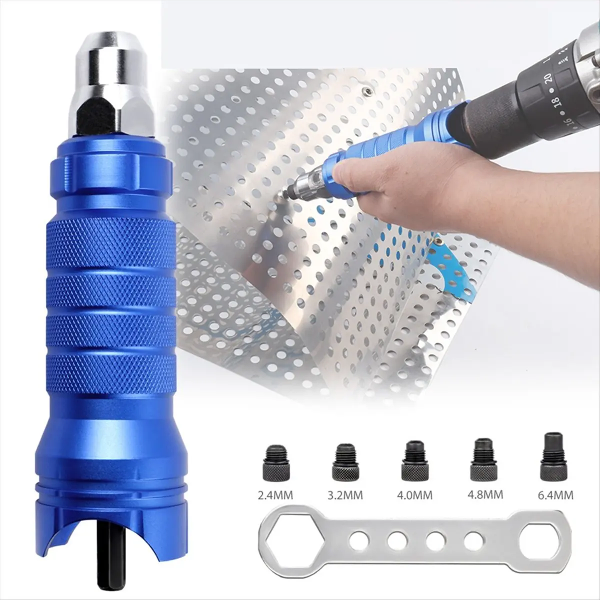 Blue Aluminum Alloy Cordless Electric Rivet Nut Tool Set Attachments 3/32in 1/8in 5/32in 1/4in DIY Hex Shank Nozzles [2026 MOCC]