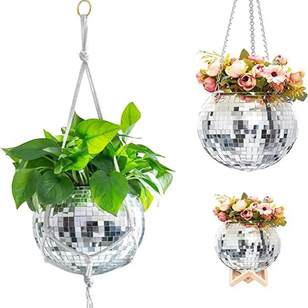 Disco Ball Planter Globe Shape Hanging Basket Vase Flower Planter Pots Rope Hanging Wall Home Dec Vase Container Room Decoration