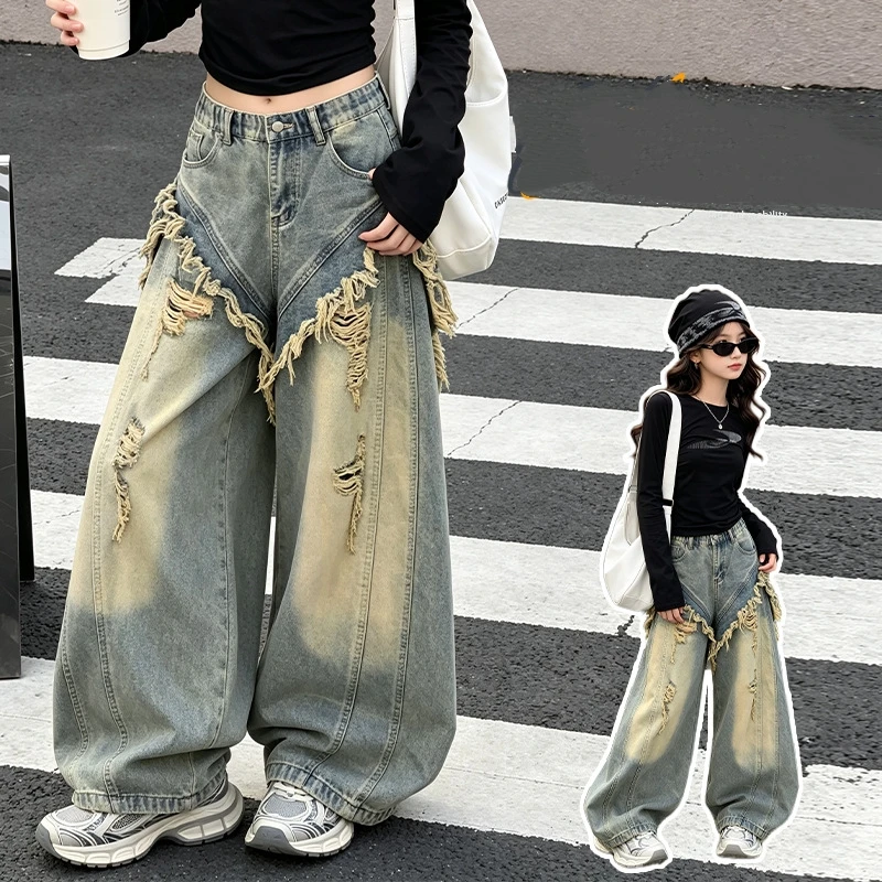 Hot Sale Girls Ripped Distressed Jeans Baggy Wide Leg Pants with Stretchy Waist Burr Edge Denim Pants Kids Children Age 5-14Y