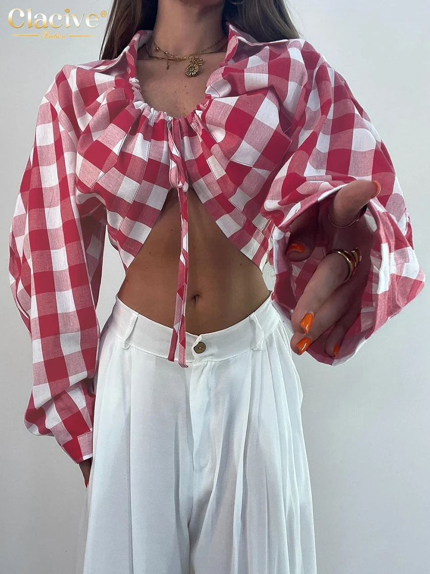 

Clacive Fashion Loose Red Plaid Women Shirt 2025 Sexy V-Neck Long Sleeve Blouse Elegant Classic Lace-Up Crop Top Female Clothing