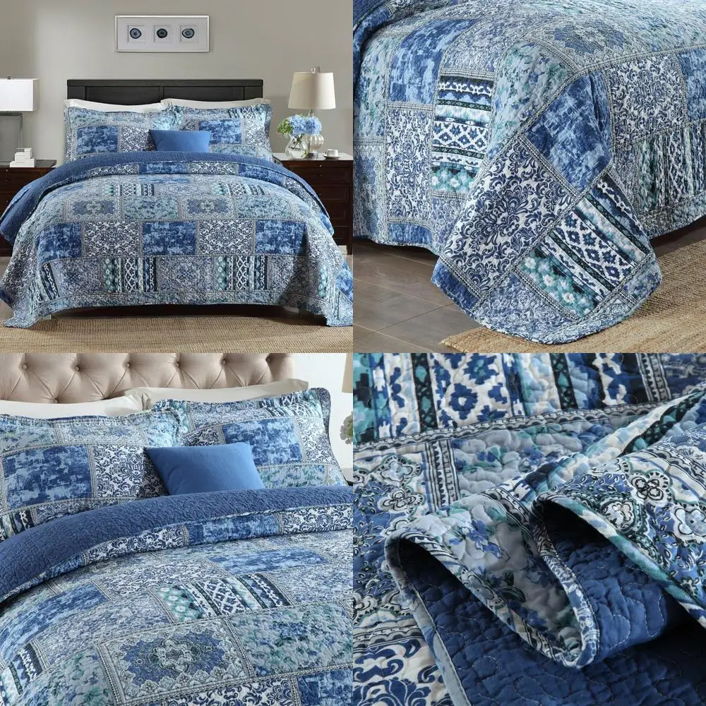 

Blue Bohemian Patchwork Cotton Quilt Set - Reversible Coverlet, King Size