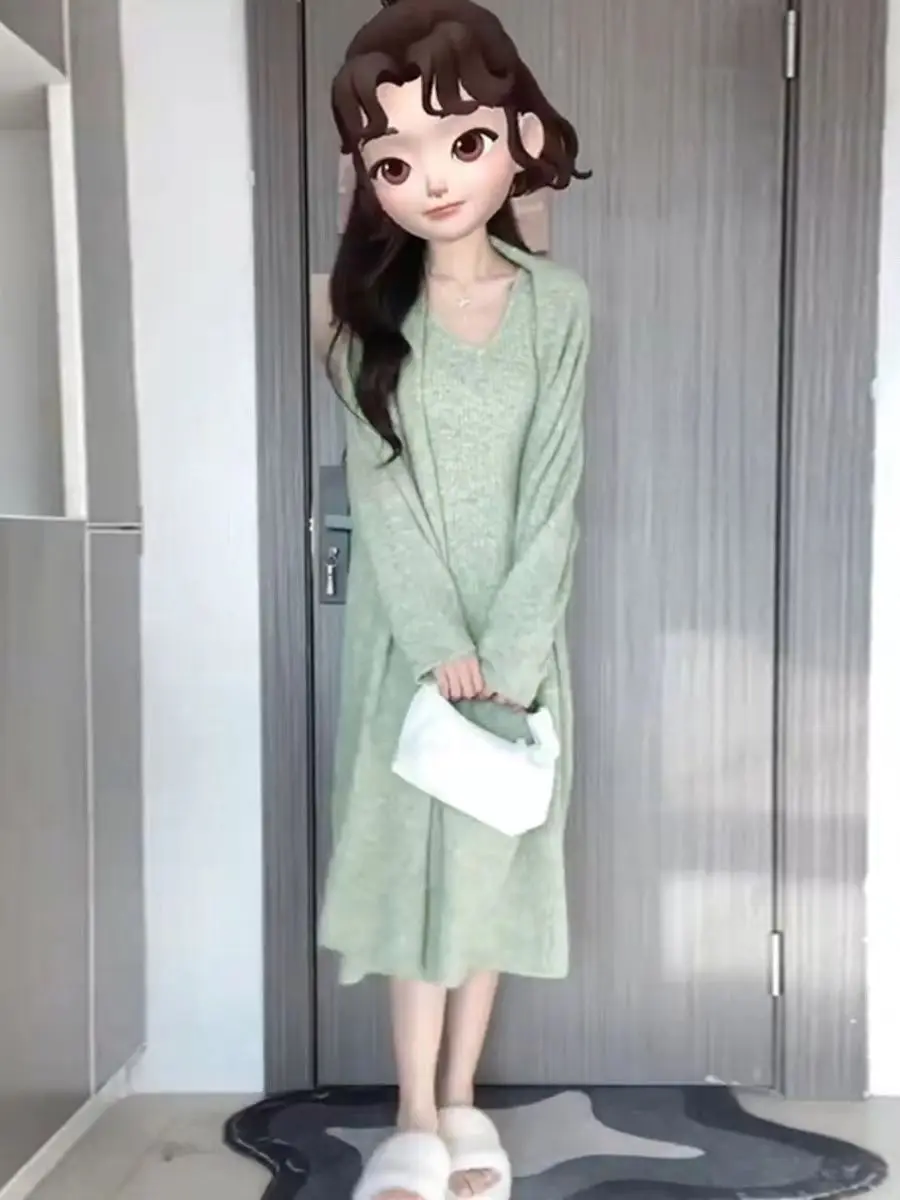 2023 New Style French Mid-length Knitted Dress Knitted Cardigan Two-piece Set Thickened for Women vestidos