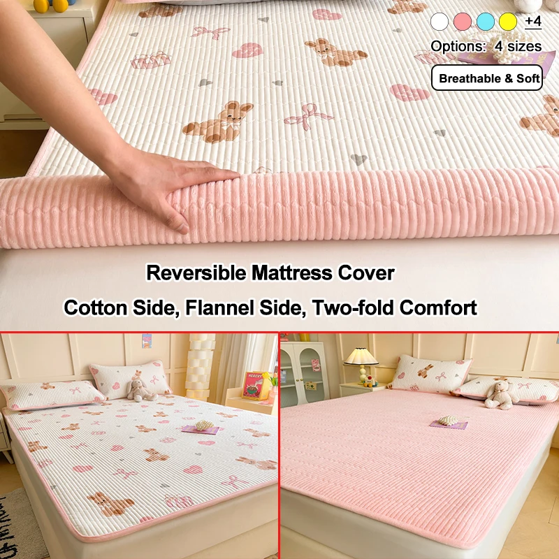 Reversible Quilted Mattress Cover, Cotton & Flannel Dual‑Sided Bed Mattress Protector Pad,Soft Breathable Bed Topper for Bedroom