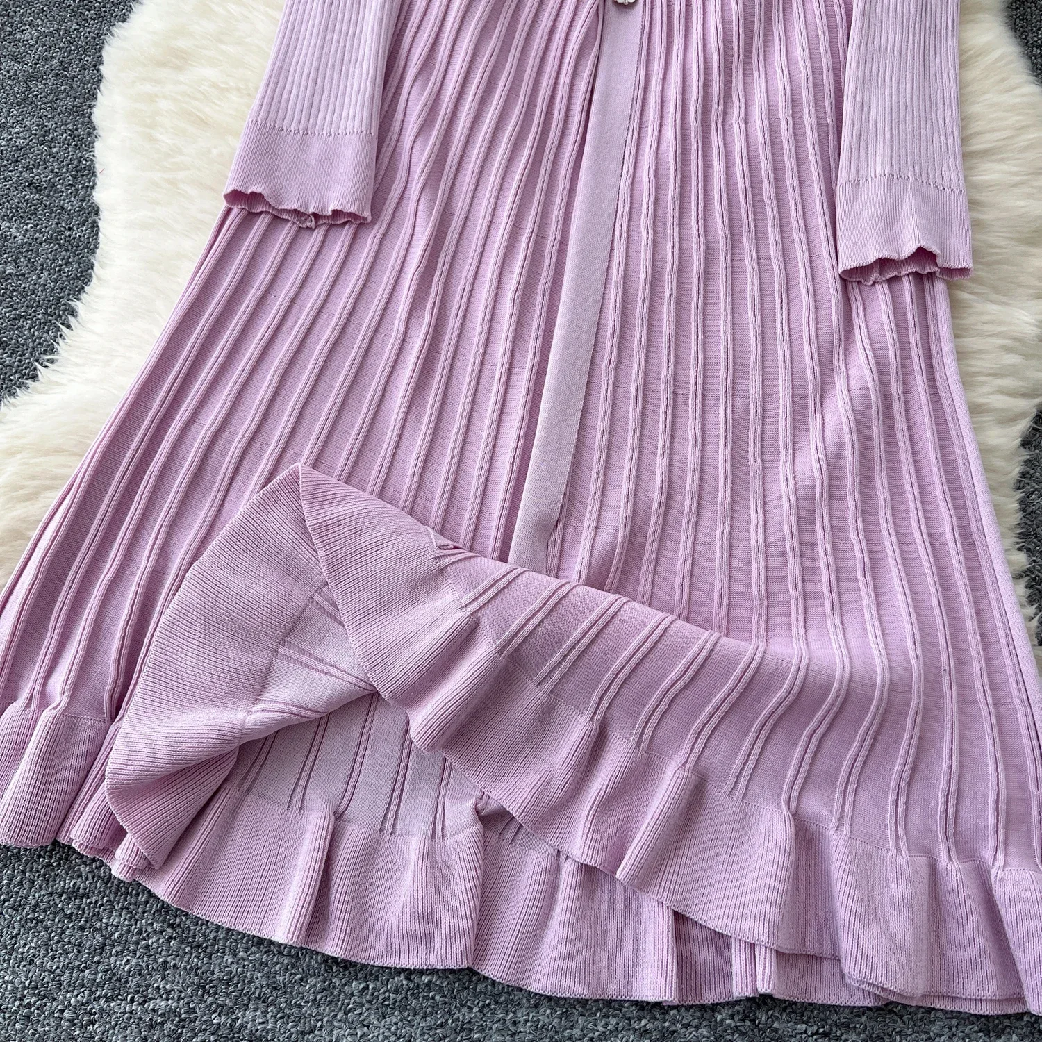 2024 Pink French Fashion Knitted Maxi  Long  Dress Women V Neck Button Single Breasted Ruffles Slim Sweater Party Dress