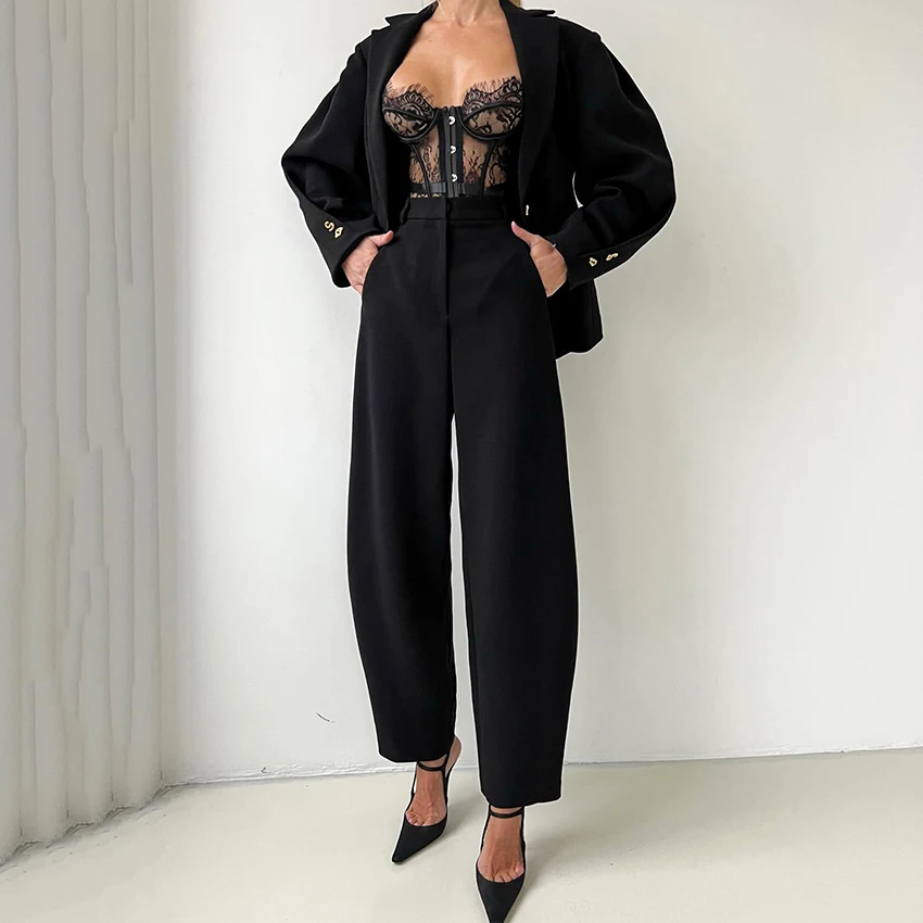 

Элегантные черные широкие брюки Linad Office Lady с карманами, модель 2026, с высокой талией, длинные, женские, весенние, в уличном стиле, свободные брюки