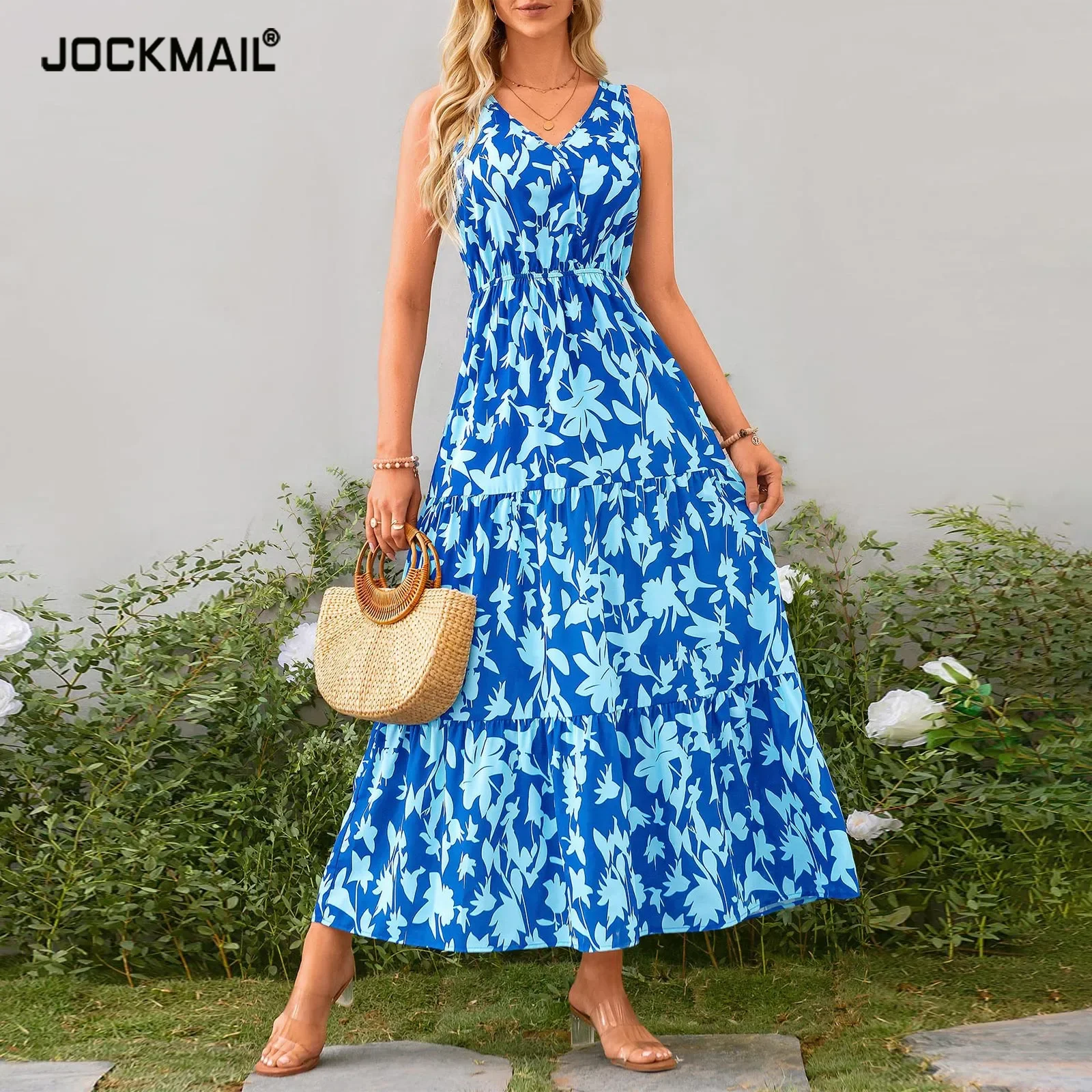 2024 Summer Beach Maxi Dress Women Floral Print Boho Long Chiffon Sundress Ruffles Wrap Casual V-neck Tunics Dresses