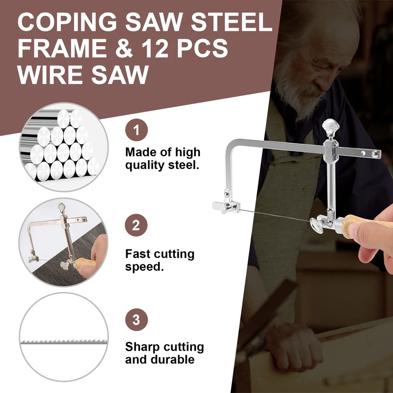 ABMO Coping Saw โครงเหล็กและเลื่อยลวดเส้นผ่านศูนย์กลาง 1 มม. 12 ชิ้น การตัดที่แม่นยําสําหรับไม้ โลหะ พลาสติก ฯลฯ